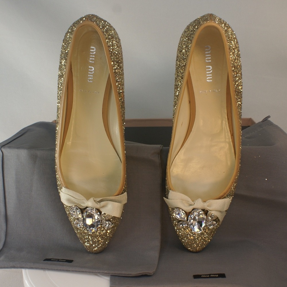 Miu Miu Glitter Lux Gold Jewel Bow Ballet Flats 5F3718 Oro Size 38.5 US 8.5 Glam